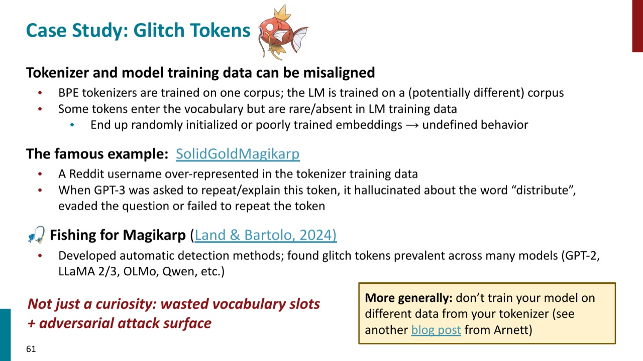 tokenizer 与 LM 训练数据错配会产生 glitch tokens