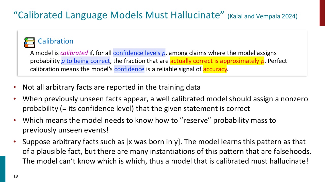 校准模型在 arbitrary facts 上仍可能必须 hallucinate